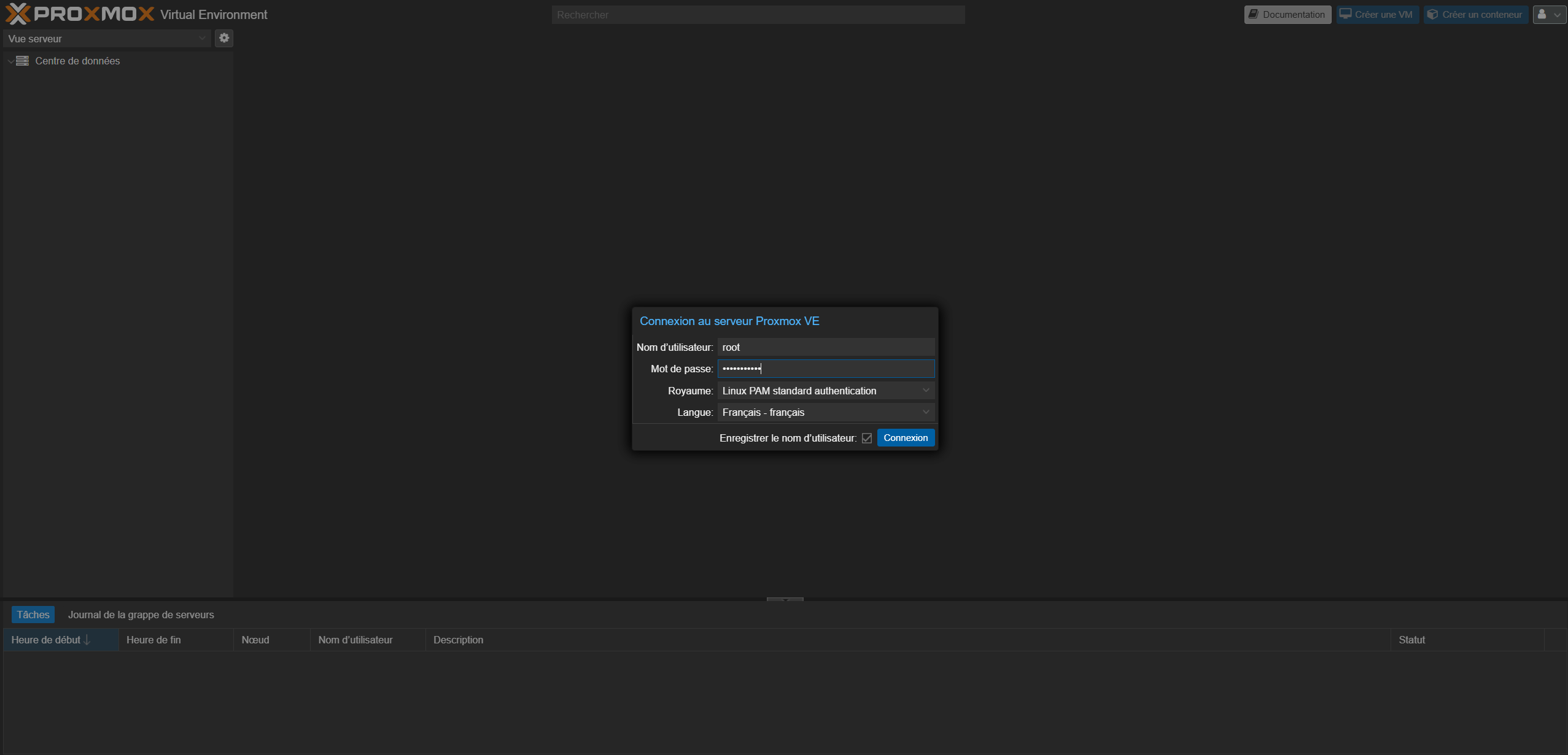 Interface de management Proxmox