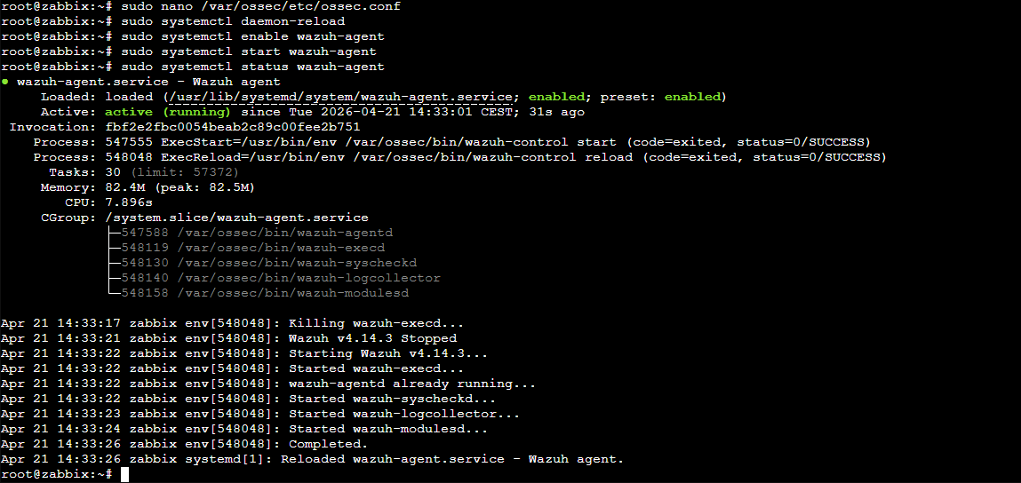 Agent Wazuh active running sur Zabbix