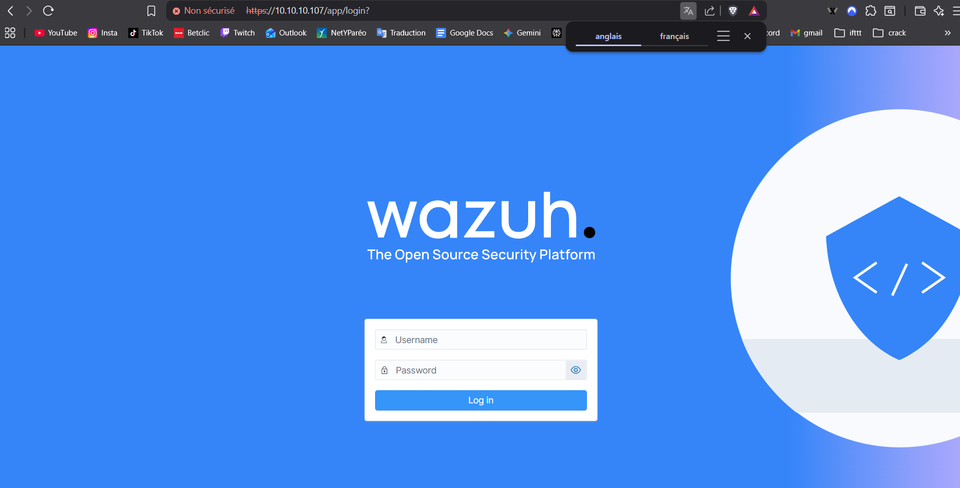Page de connexion Wazuh Dashboard
