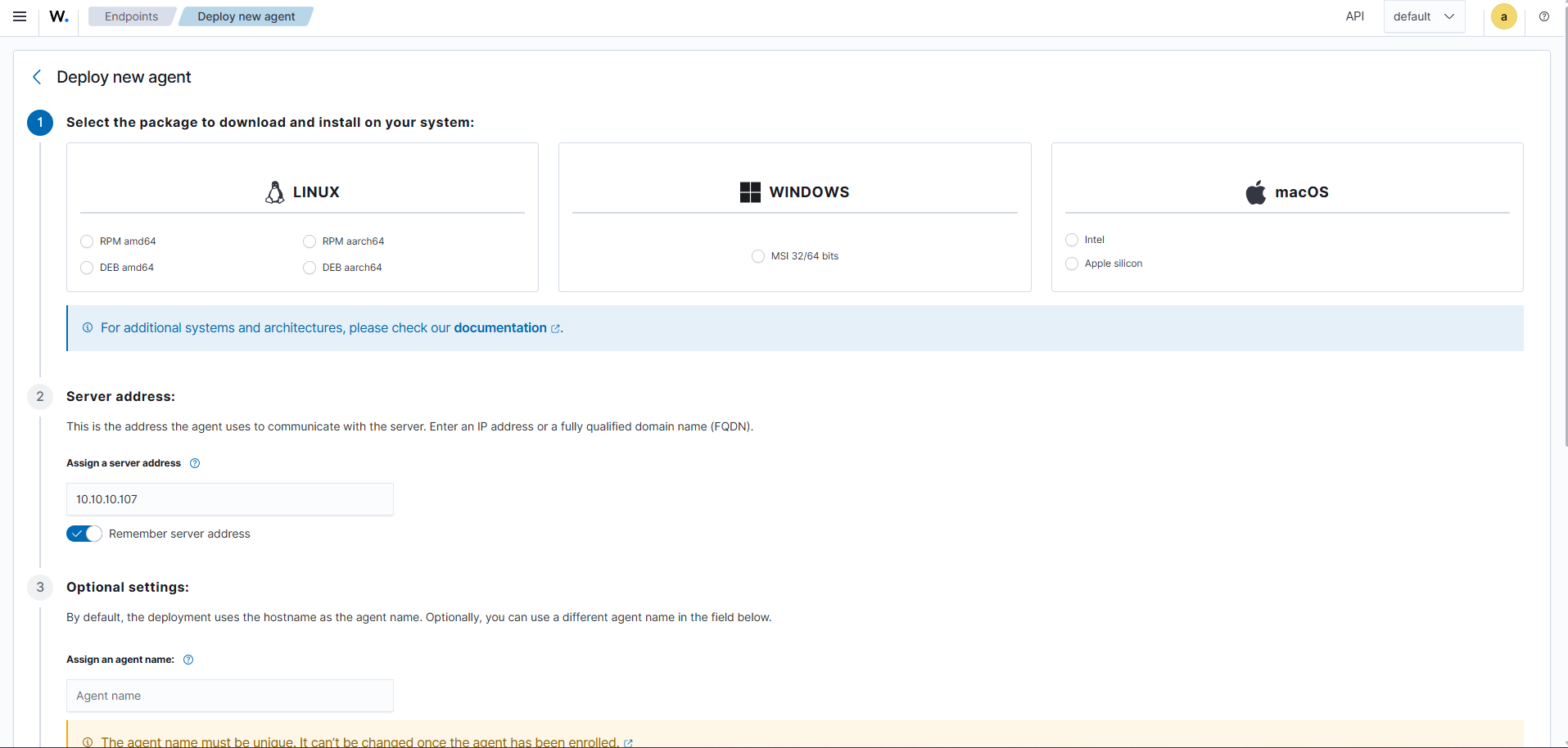 Interface Deploy new agent Wazuh